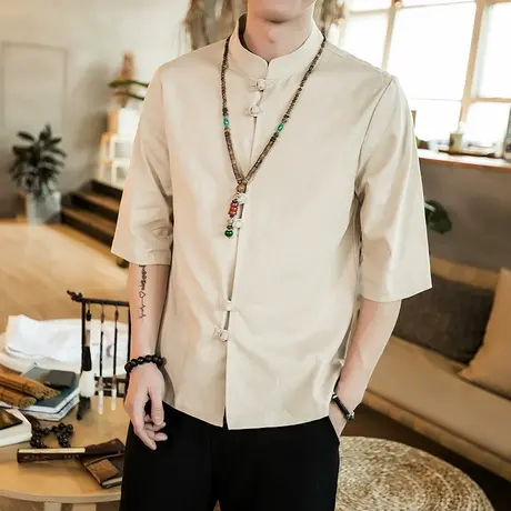 中国风盘扣男装七分袖青年中式汉服上衣唐装大码复古半袖装茶禅服商品大图
