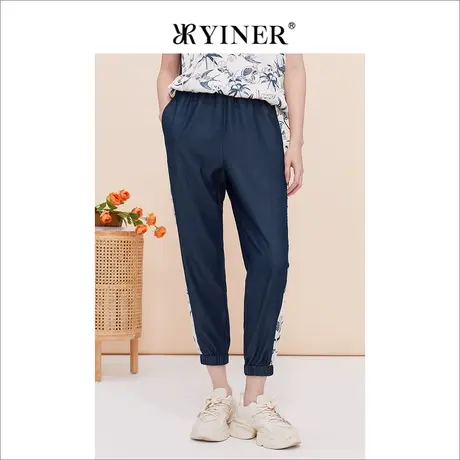 YINER音儿专选女装夏季百搭撞色印花拼接运动休闲裤商品大图