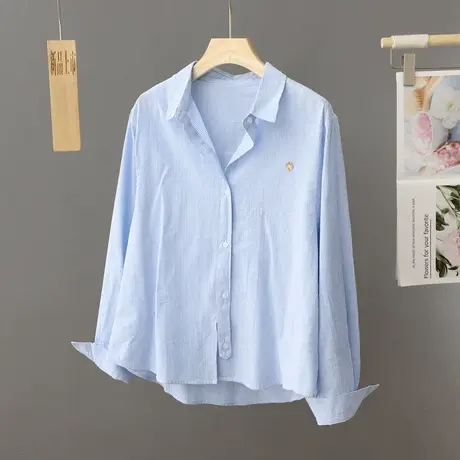 蓝色条纹衬衫女宽松洋气设计感小众上衣法式休闲宽松长袖百搭衬衣图片