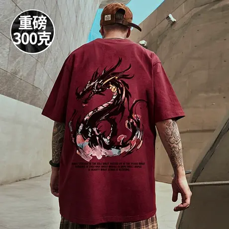 300g重磅2025新款加肥加大短袖t恤街头大码男装国潮纯棉五分半袖商品大图