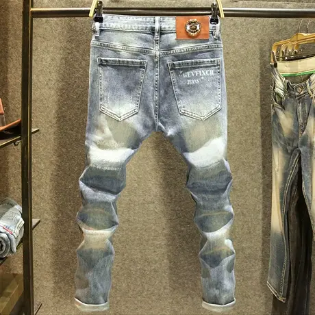 潮牌印花2024新款牛仔裤男弹力修身小脚裤高端时尚英文烫印长裤子商品大图