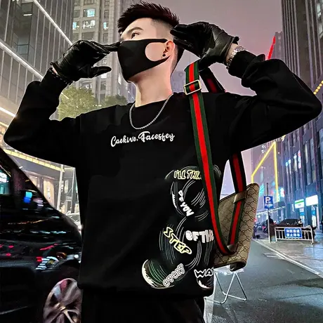 卫衣男春季新款网红个性小熊印花上衣设计感宽松痞帅潮牌长袖t恤图片