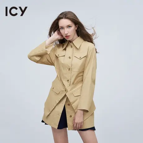 ICY女装新款摩登英伦直筒修身纯色拼接腰封风衣【SANT GUO设计】图片