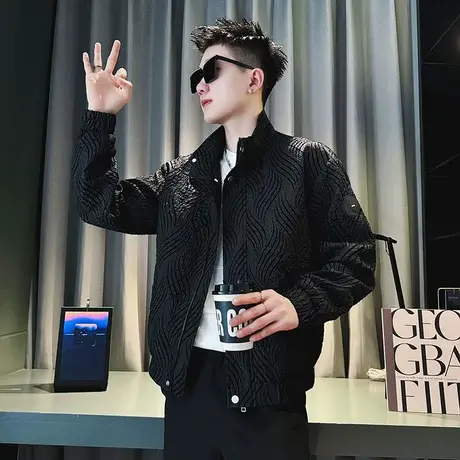 立领夹克男春款个性潮流褶皱肌理感宽松褂子潮牌痞帅休闲外套男装商品大图