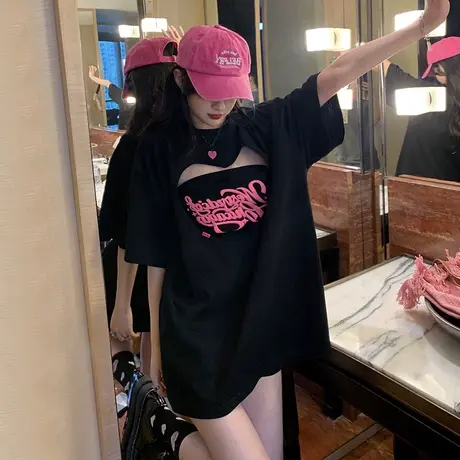 辣妹风抹胸短袖两件套女夏季宽松大码镂空设计感小众别致t恤上衣商品大图