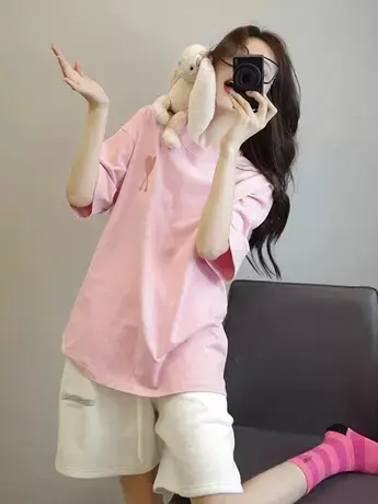 新款字母印花短袖T恤女2024宽松中长款下衣失踪感黑色正肩上衣服商品大图