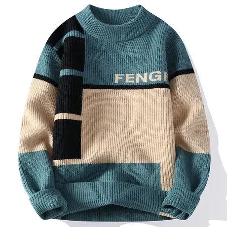 设计感撞色毛衣男士秋冬款半高领针织打底衫男生加厚保暖毛线衣服商品大图