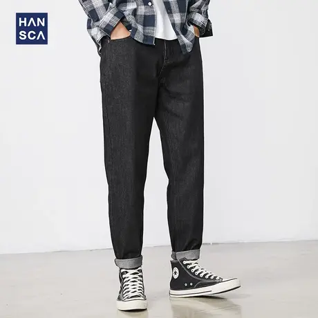 汉斯卡2021秋冬新款黑色牛仔裤男直筒宽松潮牌百搭高端休闲长裤子商品大图