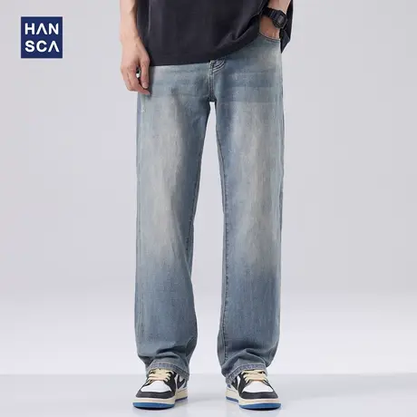 hansca直筒牛仔裤男2024新款春秋季阔腿复古宽松水洗美式休闲裤子商品大图