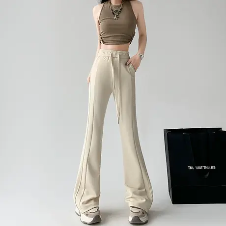 米白色微喇叭卫裤女春秋季美式休闲运动裤松紧高腰显瘦马蹄拖地裤商品大图