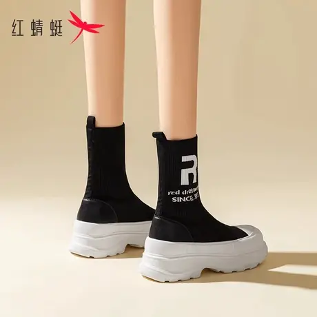 红蜻蜓弹力袜瘦瘦靴2023新款秋季厚底显瘦马丁靴女款袜子靴中筒靴商品大图