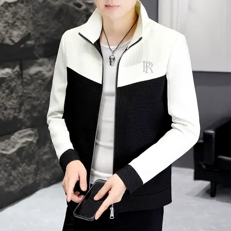 秋季高端男装拼色外套潮流韩版痞帅轻熟风男士华夫格休闲立领夹克商品大图