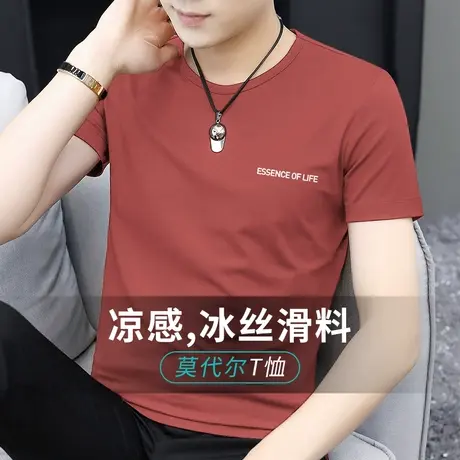 莫代尔夏季t恤男士短袖圆领上衣服冰丝速干凉感半袖体恤简约百搭商品大图