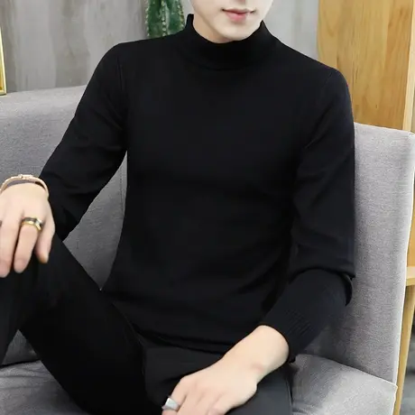 秋冬季男士毛衣半高领针织打底衫内搭潮流学生中领修身纯黑色线衣商品大图