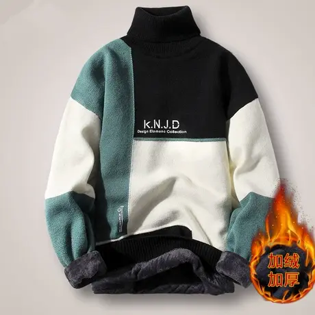 男士毛衣高领宽松线衣加绒加厚款秋冬韩版潮流个性拼色打底针织衫商品大图