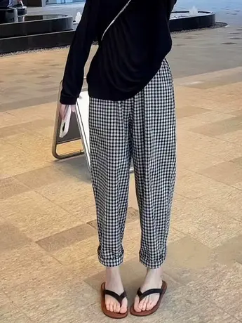 格子棉麻高腰休闲裤女薄款2023夏季新宽松小个子阔腿裤九分哈伦裤图片