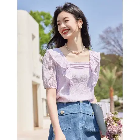 时尚气质方领短袖衬衫2023年夏季新款淑女温柔显瘦通勤百搭上衣商品大图