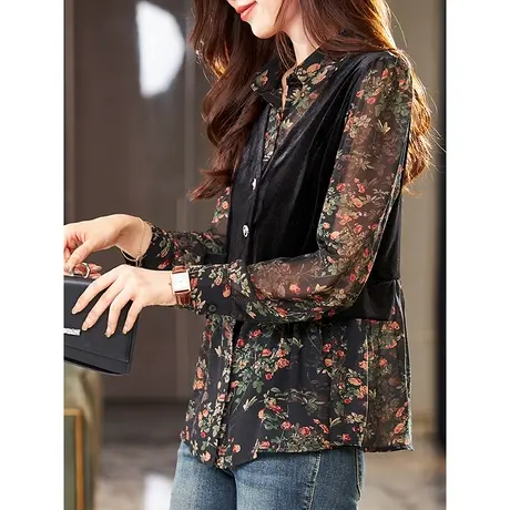 宝诗黎假两件丝绒拼接减龄碎花衬衫2023早秋新款长袖设计感衬衣女商品大图