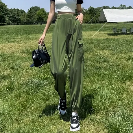 绿色冰丝工装裤女夏季薄款2023年新款高腰运动长裤美式复古休闲裤图片