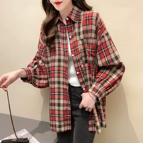 格子拼色衬衫女时尚polo领上衣2023年秋冬季新款女装韩版百搭衬衣图片