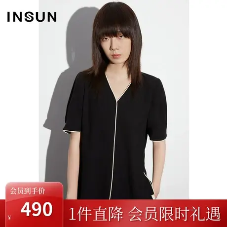 恩裳COVER2023夏新款时尚醋酸乱麻简约泡泡短袖撞色滚边工艺衬衫图片