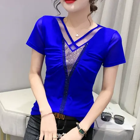欧货性感网纱V领T恤女短袖时尚气质修身小衫别致烫钻上衣百搭半袖商品大图