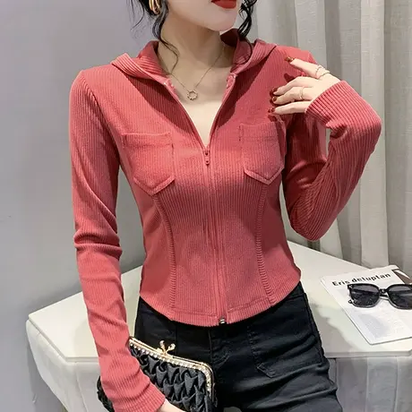 连帽短外套女春秋新款设计感小众拉链开衫上衣长袖不规则下摆卫衣图片