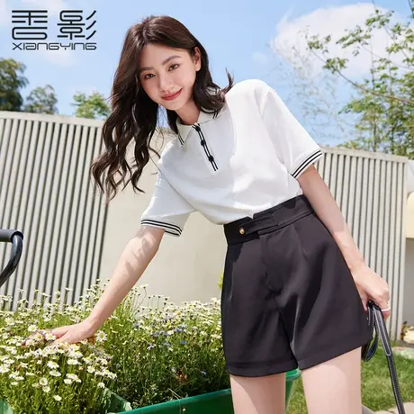 香影polo领t恤女短袖2023夏装新款休闲学院风宽松设计感白色上衣商品大图