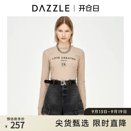 DAZZLE地素奥莱 奶茶色字母印花截短T恤卫衣女2D1B5061L图片