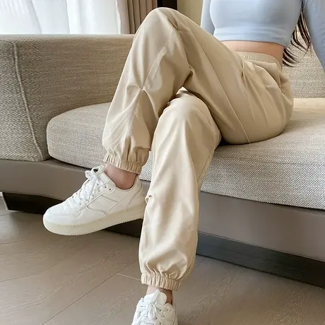 杏色工装裤女2023秋季新款高腰宽松显瘦堆堆小个子束脚哈伦运动裤图片