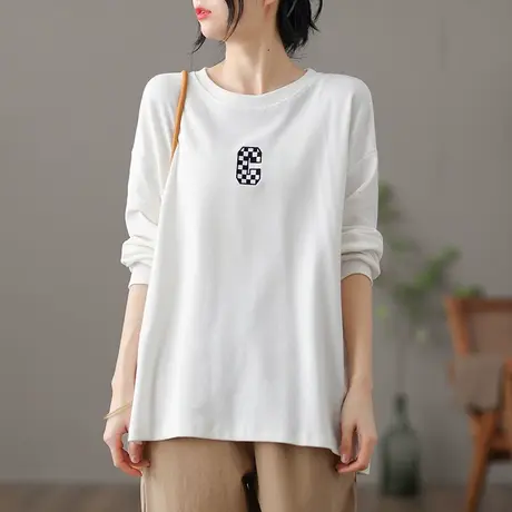 dza文艺复古白色纯棉打底衫女士春季新款体恤宽松长袖t恤女装上衣商品大图