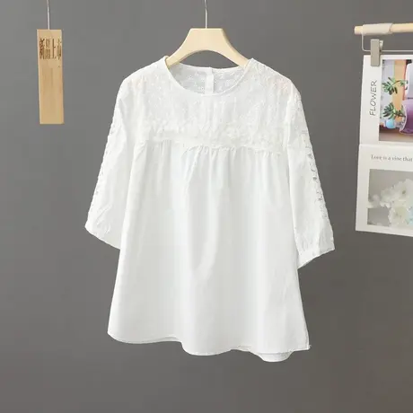 白色蕾丝镂空别致上衣女短袖洋气夏季2023新款纯棉套头小衫衬衫女商品大图