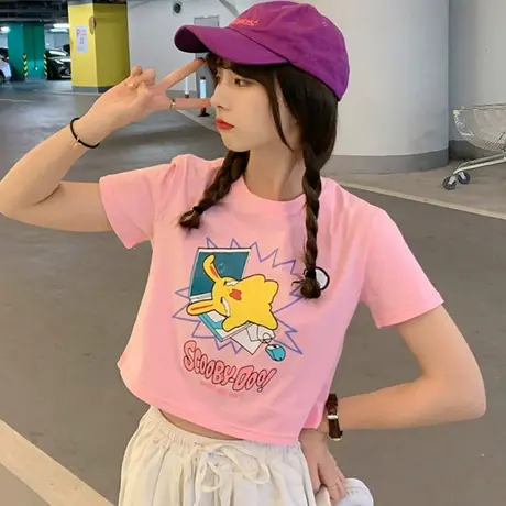 欧美短袖t恤女夏季设计感小众短款修身高腰露脐辣妹风上衣服ins潮商品大图