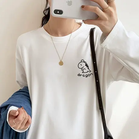 磨毛加厚中长款打底衫笑脸可爱印花上衣2022新款宽松显瘦长袖秋衣图片