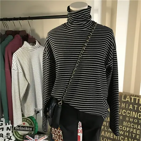 内搭bi备~长袖t恤女秋冬韩版ins潮百搭条纹高领宽松打底衫上衣服商品大图
