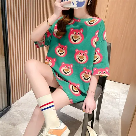 2023春夏港风复古卡通短袖t恤女设计感宽松内搭中长款圆领上衣商品大图