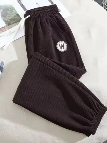 欧棉绒女裤2023秋冬新款松紧高腰休闲裤女宽松保暖束脚九分裤商品大图