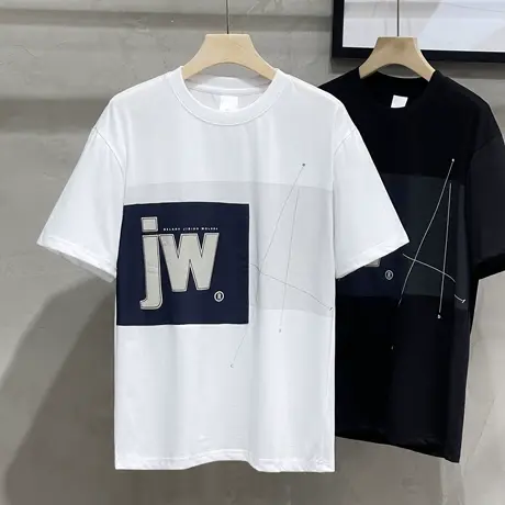 美式潮牌t恤男士夏季宽松几何拼接设计感男装短袖半袖体恤上衣服商品大图