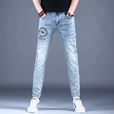 男士高档破洞牛仔裤男款修身小脚弹力2023新款秋款潮牌潮流裤子男图片