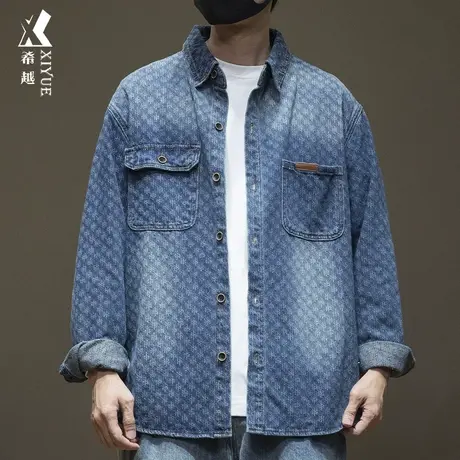 希越小香风提花牛仔衬衫男潮流复古洗水衬衣秋冬宽松大码衬衣外套商品大图