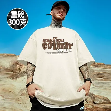 300g重磅夏季新款字母纯棉t恤男美式复古潮流宽松奶杏色大码短袖商品大图