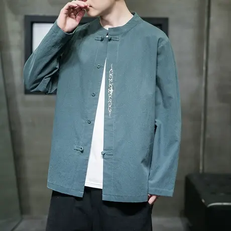 秋季长袖衬衫男中国风复古中式民族风衣服盘扣宽松刺绣大码上衣服商品大图