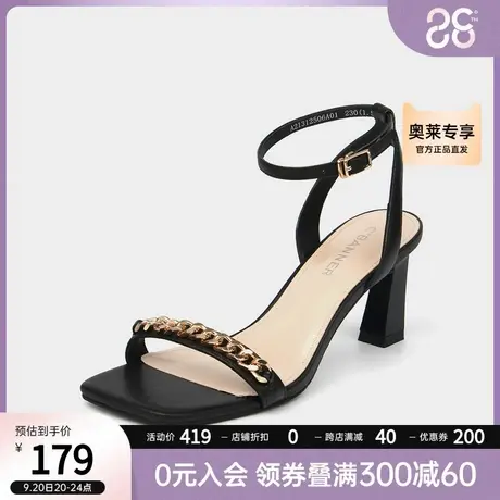 千百度羊皮法式仙女鞋平头一字带露趾女凉鞋罗马绑带时装高跟鞋商品大图