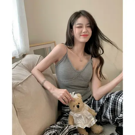 带胸垫 蕾丝花边V领小吊带女外穿修身性感内搭辣妹打底短款背心夏图片