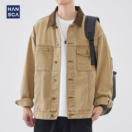 hansca底特律工装翻领长袖牛仔外套男春季新款复古青少年休闲夹克图片