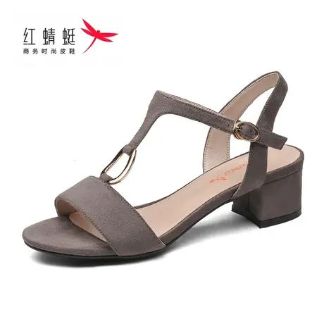 红蜻蜓女鞋中跟凉鞋新款正品露趾一字扣防滑时尚休闲女凉鞋商品大图