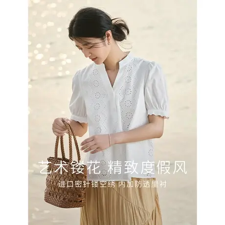 茵曼清新文艺衬衫2023夏女装新款小立领镂空刺绣泡泡袖短袖上衣商品大图