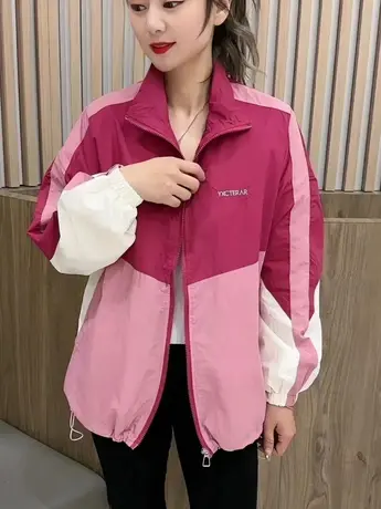 港风2023年春秋季新款运动拼色宽松立领外套女款撞色风衣开衫上衣商品大图