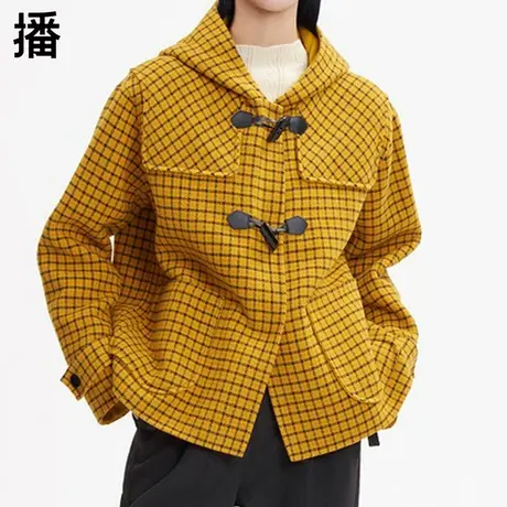 播2022秋冬新品通勤文艺复古格纹单排扣直筒型短款大衣DDP4AD4856图片