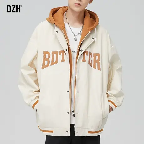 男生秋季假两件外套男春秋高级感痞帅潮牌夹克上衣宽松连帽衫百搭图片